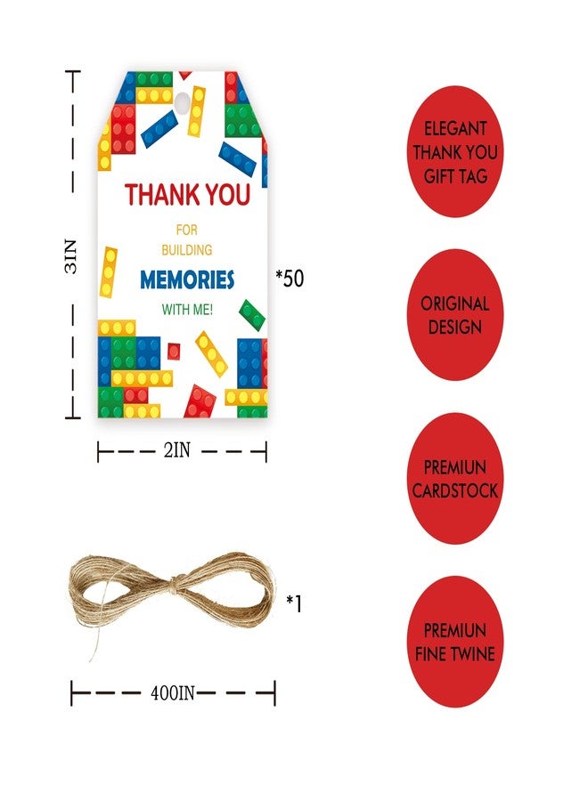 FORSHEEP 50pcs Building Blocks Thank You Tags, Bricks Birthday Party Favors Gift Tag with String, Bricks Favor Tags for Birthday, Building Block Party Favors - Image 2